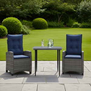 Ensemble de salle à manger de jardin en rotin bleu marine pour 2 personnes, meubles d'extérieur résistants aux intempéries, design contemporain, structure en métal - Product Image 2