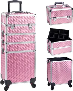 New 4 In 1 Professional Nail Polish Organizer Large Makeup Train Case Rolling Makeup Trolley Case Artists Lockable Case
