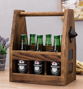 Porte-bière rustique en bois brun foncé brûlé avec ouvre-bouteille en fonte et porte-vin magnétique - Product Image 4