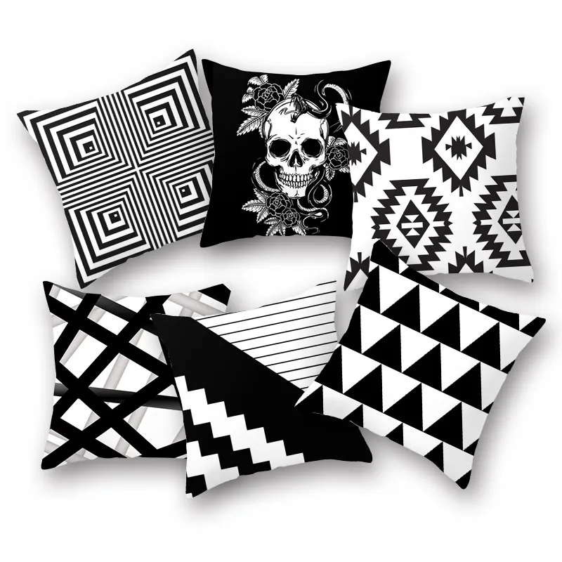 Polyester Grey white black cushion covers custom geometric black skull pillow cases square modern nordic abstract pillow cover