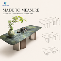 Table à manger rectangulaire en marbre vert avocat Luca |   Plateau en pierre affinée avec base en métal, sur mesure pour hôtel, villa, salle à manger, tailles personnalisées, OEM
