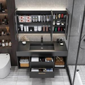 Mueble de Baño Moderno de Pared en Gris Oscuro con Lavabo Integrado de <span class=keywords><strong>Piedra</strong></span> Negra, Espejo LED y Estantes Abiertos para Uso en Baños - Product Image 2