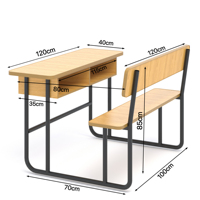 Ensemble Chaise et Table Double Moderne en MDF Prix Usine pour Salle de Classe Lycée avec 2 Tiroirs