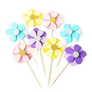 Hot selling Sun Flower Theme Cake Topper 4pcs/bag Double Flower paper cake Toppers Supplies Ideas Baby Decorations