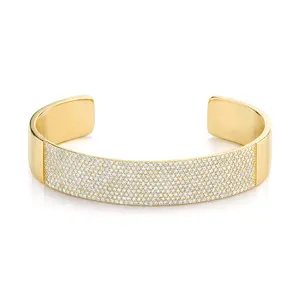 Trendy 18k gold plated 925 sterling silver diamond pave open wide cuff bracelet