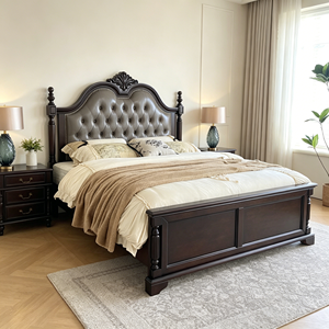 Traditional Queen Size Upholstered Wood Bed with Storage <b>Box</b> Spring Frame Mahogany Finish Soft Fabric Headboard - Product Image 1