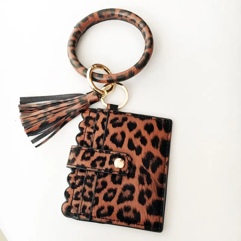 In stock Animal Print PU Leopard Marble Gold Silver Plaid Round Ring Tassel wristlet Credit Card Holder Wallet keychain set