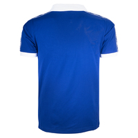 Maillot de football rétro personnalisé bleu roi et blanc, col polo, motif géométrique sur les épaules, manches courtes, jersey tricoté, vente en gros