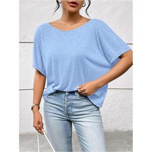 T-shirt femme FOXA dos nu à nœud torsadé, coupe oversize, couleur unie, manches courtes, épaules tombantes, haut décontracté en tissu jersey respirant - Product Image 2