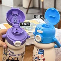 Gobelet isotherme en acier inoxydable 500 ml à double paroi avec paille et ouverture directe pour le voyage et le bureau, motif dessin animé pour enfants