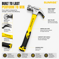 Marteau à griffes en acier SUNRISE 0,5 kg (16 oz) avec poignée antidérapante en plastique confortable, multi-usage industriel pour la construction et le bricolage