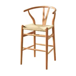 Professional Factory Rope Woven Seat Brown Wooden Wishbone Bar Stools Dining Bar High Chair With Arms