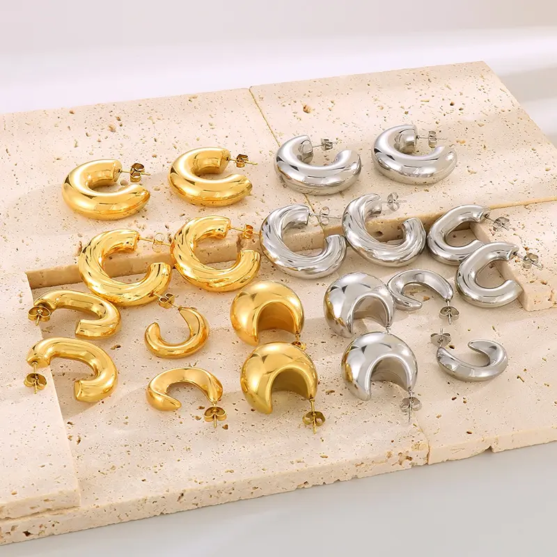 Kalen anting-anting berbentuk C emas geometris, anting-anting Chunky baja Titanium Retro Prancis