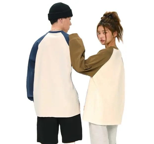 2023 New Youth Popular Round Neck Long Sleeve T-shirt Loose Cotton Contrast Raglan Sleeve Couple Casual Top