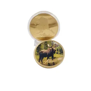 2024 metall handwerk hirsch herausforderungs-münze tierschutz denkmünzen 45 mm gold/silber platte münze mit buchstabe alaska