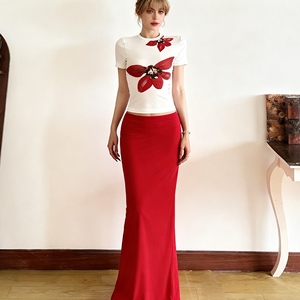 New Women's Solid-Color Slim-Fit Crew Neck Short Sleeve Fashionable High-Waisted Skirt Casual 2-Piece <b>Set</b> Fashion - Product Image 1