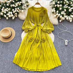 Vestido Midi Plisado Informal <span class=keywords><strong>de</strong></span> Primavera con Estampado Digital Tejido para Mujer, Manga Farol, Estilo Imperio, Encaje Impreso en 3D - Product Image 3