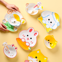 Ensemble de vaisselle quotidienne pour enfants, motif d'animaux de dessin animé mignon, lapin, chat, chien, mouton, bol en céramique, assiette, cuillère, maison