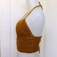 Haut court en macramé fait à la main, Bikini de plage, à la mode, marron, au Crochet, pour l'été