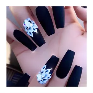 Luxury Long Coffin Full Cover unghie finte colore blu profondo disegna 3D Snow Flower Nails Tips Factory Direct Custom Press On Nails