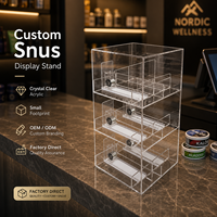 Présentoir en acrylique transparent pour sachets de snus Pablo de marque blanche suédoise – Support de présentation pour boîtes de snus avec poussoir pour la vente au détail