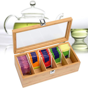Bamboo Tea <b>Storage</b> <b>Box</b> With Glass Lid 5 Compartments <b>Lockable</b> For Tea Bags Coffee Household Use - Product Image 3
