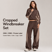 Conjunto Cortavientos Marrón de MOQ Bajo, Etiqueta Privada, Chaqueta Corta Tejida y Pantalones de Pierna Ancha, Conjunto de Dos Piezas para Mujer