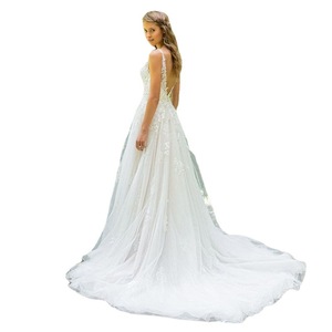 Wedding Dress A-Line V-Neck Lace Long Train White Plus Size Beach Style - Product Image 5