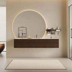Meuble-lavabo mural simple de style crème français minimaliste avec miroir rond intelligent - Product Image 6