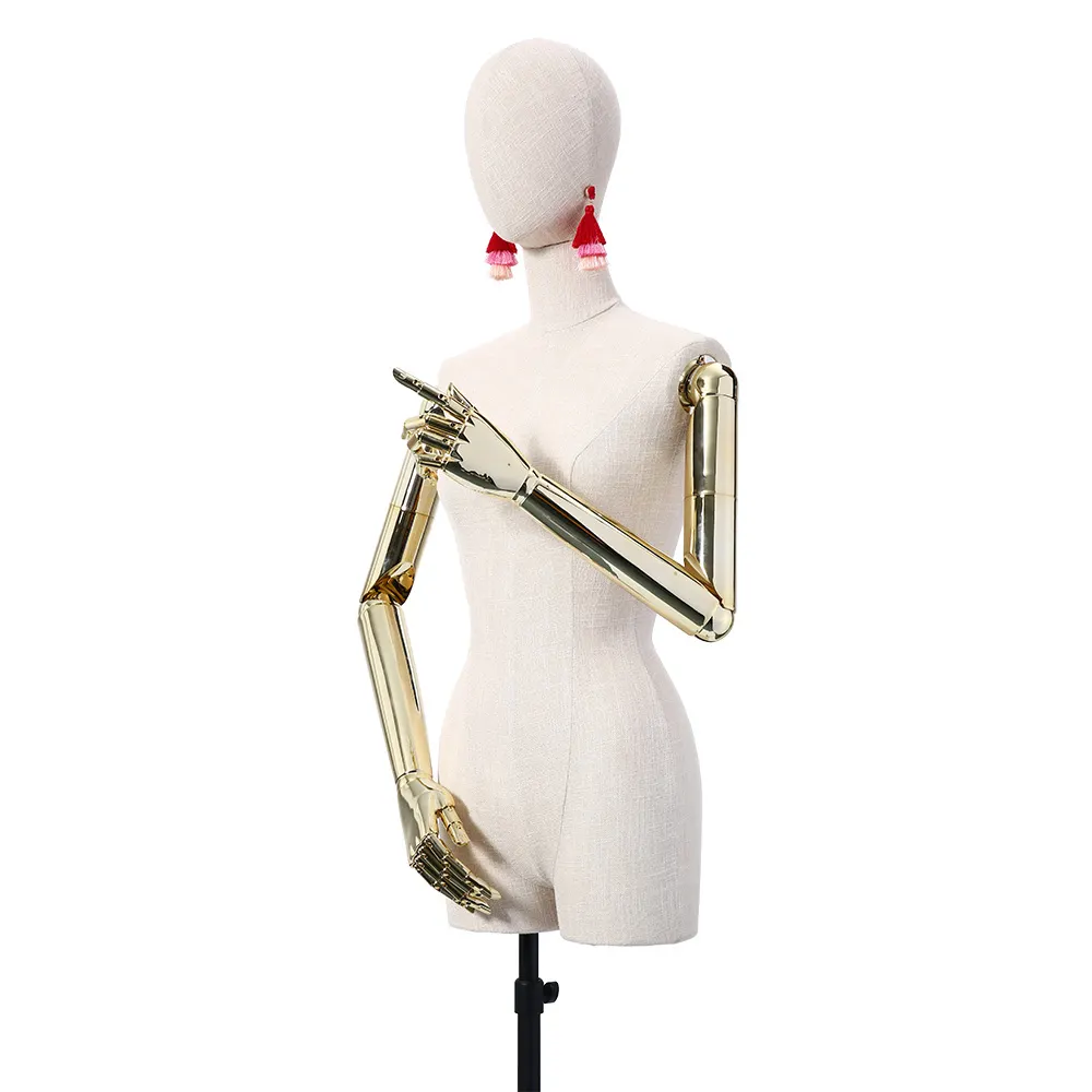 Манекен для демонстрации окон магазина одежды, модель тела с золотыми руками, женский манекен из льна бежевого цвета