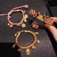 Bagues et Bracelet Tressés Dorés Rétro de Luxe Premium pour Femme, Faits Main, Ajustables, Tendance, Style Ethnique, Idéal Cadeau de Fête