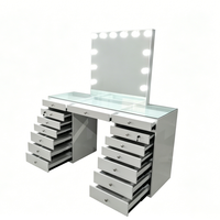 Table de maquillage moderne en acier inoxydable blanc, écologique, avec miroir LED, grand tiroir, station de maquillage pour salon de coiffure