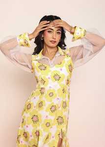 เดรสพิมพ์ลายขนาดเล็กพร้อมเสื้อออร์แกนซ่า เดรสลำลองสำหรับผู้หญิงที่มีดีไซน์ผ้าบางเบาเป็นชั้นๆ สวมใส่สบาย - Product Image 6