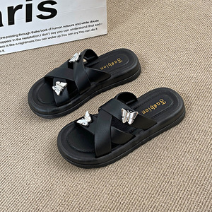Sandalias de playa de moda para mujer con doble mariposa, de suela plana, tipo chancla de una tira, resistentes al desgaste y antideslizantes, para mujer - Product Image 3