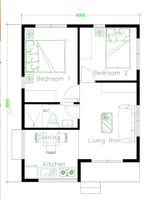 Plans de construction de petite maison 6mX8m avec 2 chambres, toit en pente, maison préfabriquée, maisons modulaires