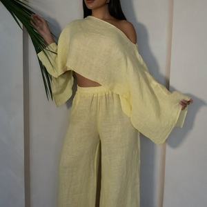 Nuevo Conjunto de Dos Piezas de Lino 100% Sólido, Manga Larga, Top Holgado con Hombros Descubiertos, Pantalones Largos Rectos, Ropa Casual de Lino - Product Image 2