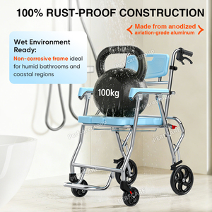 Chaise de douche en aluminium robuste 4-en-1, capacité de charge de 100 kg, chaise de toilette antirouille et antidérapante avec freins de sécurité - Product Image 2