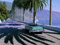Pintura al Óleo Vintage de Carretera con Palmeras junto al Lago, Cuadro Retro con Marco de Madera Negra, Arte Escénico para Decoración de Salón de Hotel/Villa