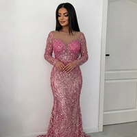 Serene Hill LA72264 Blaues Perlen-Verziertes Meerjungfrau-Abendkleid Langarm Elegante Formelle Partykleider für Damen