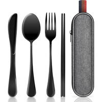 Lot de 4 couverts de voyage modernes en acier inoxydable 18/8, couteau à steak, cuillère, fourchette, baguettes, réutilisables, pour camping, avec étui de rangement à fermeture éclair