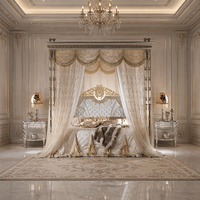 Meubles de chambre à coucher de luxe français, ensemble de chambre à coucher argenté, lit king-size en bois sculpté à la main avec baldaquin, lit à baldaquin sculpté royal