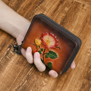 Ando Bag Women's Rose Embossed Cowhide Leather Small <b>Zip</b> Around <b>Wallet</b> with Coin Pocket - Product Image 1