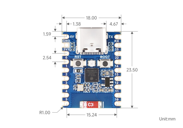 SKU-32261 Waveshare ESP32-H2 Mini Development Board, Onboard ESP32-H2FH4S With 96MHz Processor, Built-in 4MB Flash, Supp
