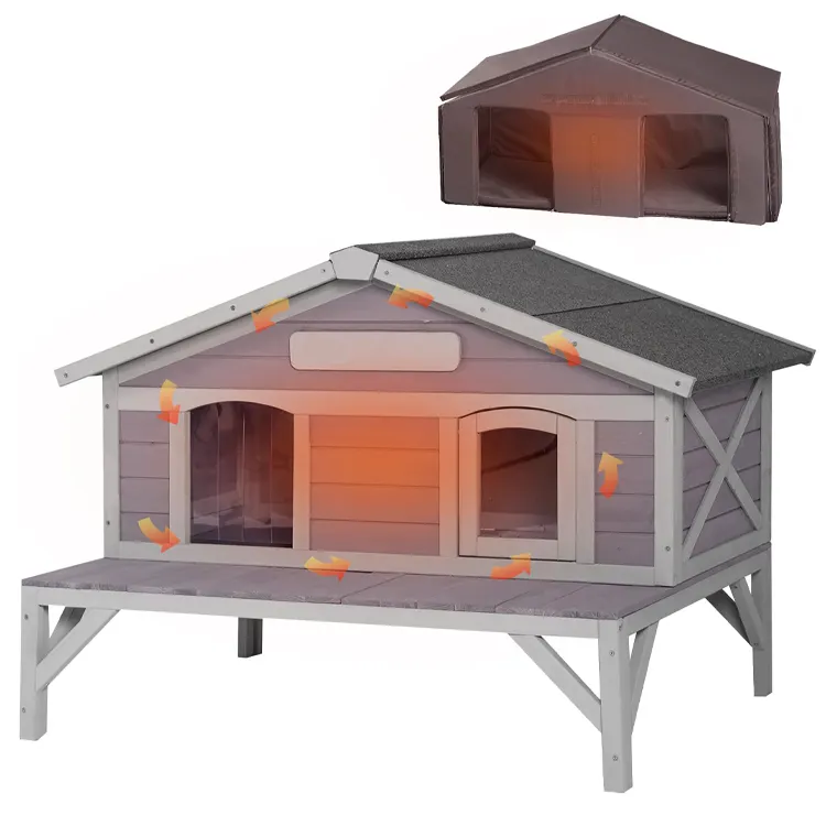 屋外屋内耐候性屋根取り外し可能な床木製小型犬小屋猫の家ポーチ付きシェルター