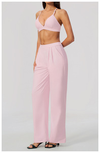 Conjunto de 2 Piezas Verde Oliva para Mujer, Top Deportivo Halter y Pantalones Anchos, Corte Holgado Informal, Transpirable, Tejido de Poliéster, Primavera/Verano - Product Image 4