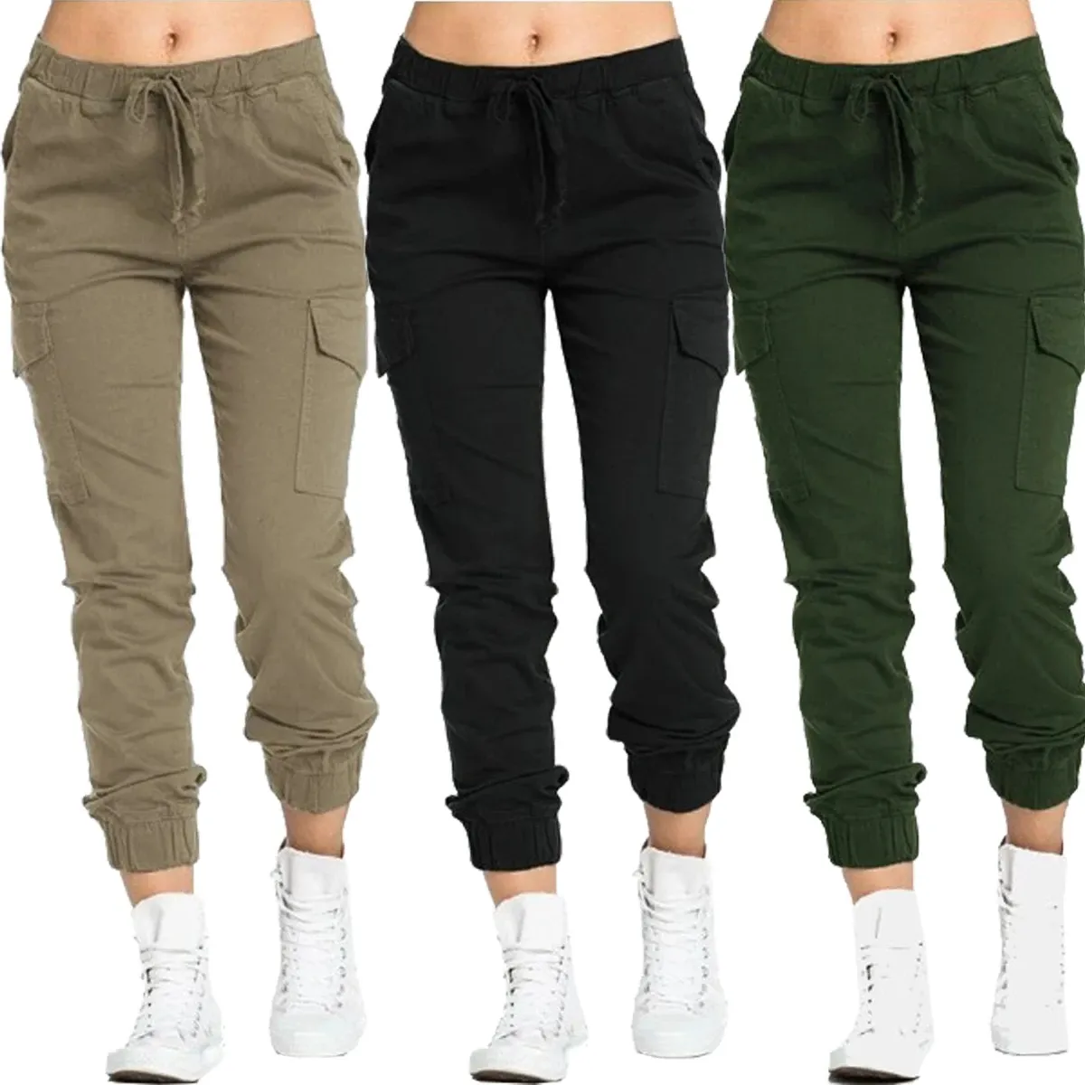 Pantalones Cargo lisos para mujer, Pantalón elástico Multicolor, informal, con cordón, de cintura alta, para Fitness, de alto Hop