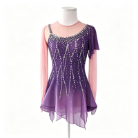 Costume de patinage artistique violet rose ombré avec manches en maille, dos découpé et jupe à strass pour filles et enfants, idéal pour les spectacles sur scène