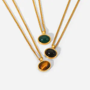 Kalung Liontin Baja Tahan Karat Berlapis PVD Emas 18K Batu Alam Warna Hijau Hitam Oval Retro