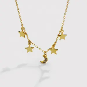 39+5CM Wholesale Necklace Women Jewelry 925 Sterling Silver Moon and Star Pendant Teardrop Charm Necklaces