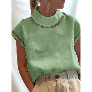 Camicetta da <span class=keywords><strong>donna</strong></span> Vintage in cotone solido lino estate Casual Chic tunica Hallow colletto alla coreana camicette bianche <span class=keywords><strong>oversize</strong></span> - Product Image 6